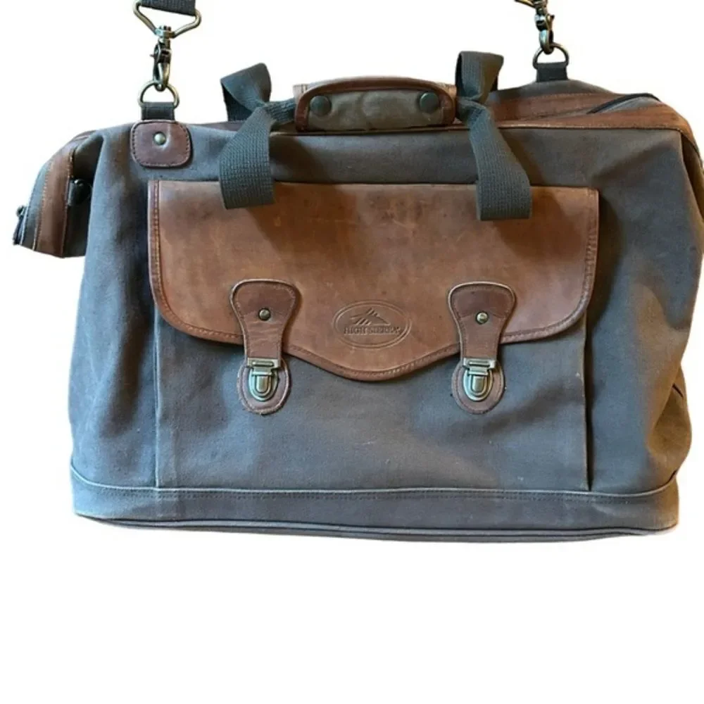 Vintage HIGH SIERRA Mens Brown Green Canvas Leather Flight Large Duffel‎ Bag